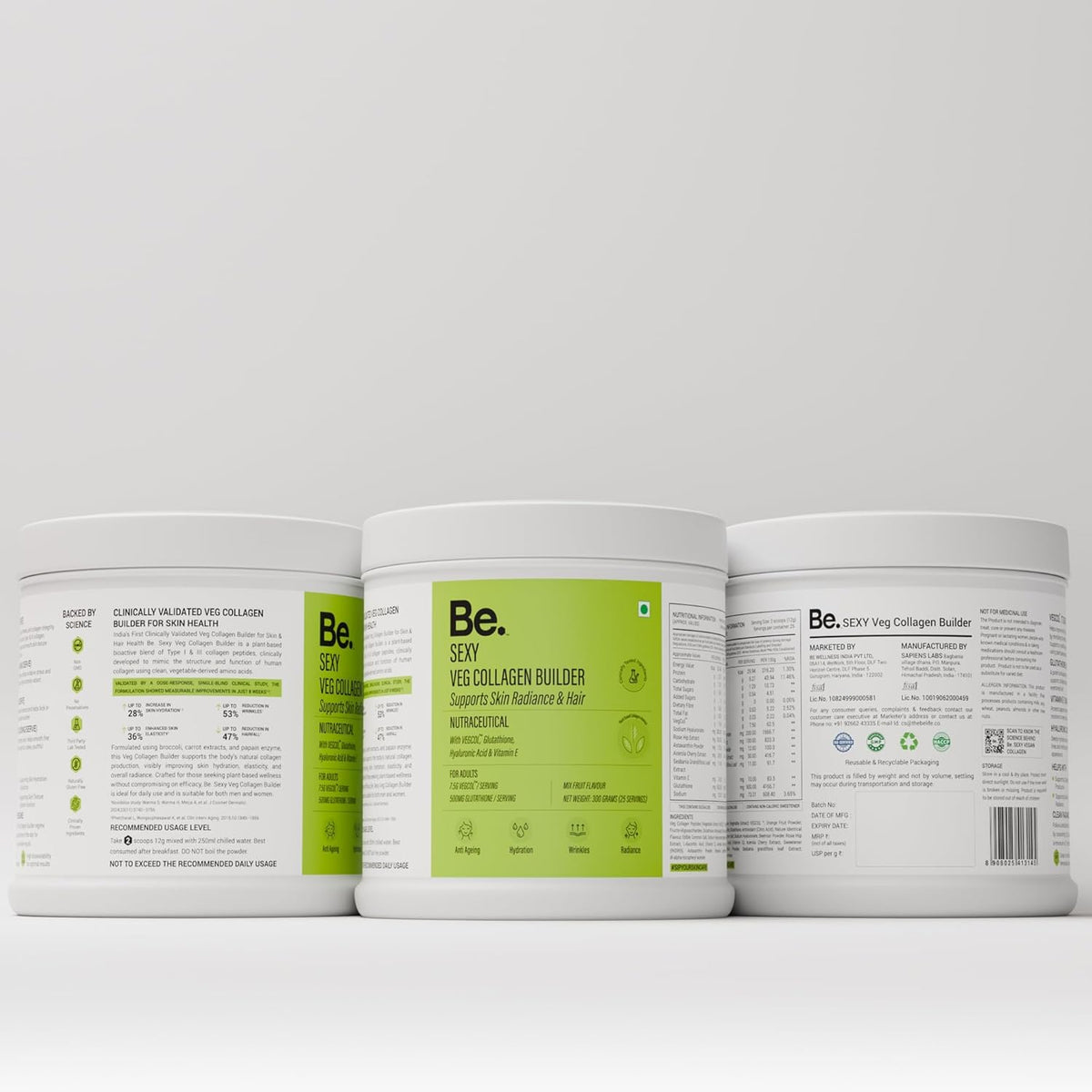 Be. Veg Collagen Powder for Women & Men | Plant-Based Supplement with VegCol, Glutathione, Hyaluronic Acid & Vitamin E | Vegan Builder for Skin Glow, Hydration, Hair & Nail Health | Mix-Fruit Flavour | 300 g