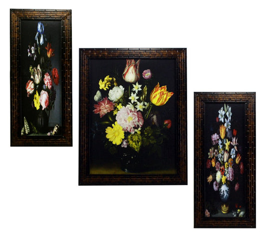 3 PC Set of Floral Paintings (1086) Without Glass 5.2 X 12.5, 9.5 X 12.5, 5.2 X 12.5 INCH-Multicolour