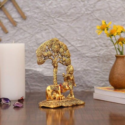 Collectible India Metal Krishna Idol Murti with Kamdhenu Cow - Gold Plated Showpiece (Set of 5)