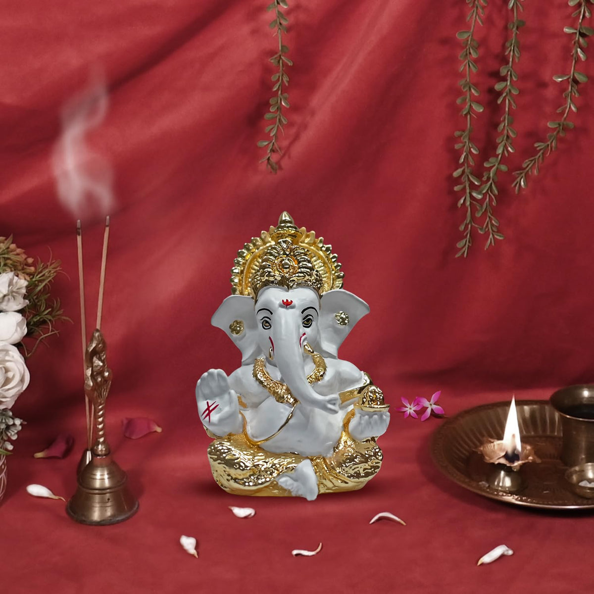 999 Silver Plated Lord Ganesha Idol for Temple, Puja Room, Home Decor Gifting| Murti Ganpati Idol for Peace, Prosperity, Positive Energy, Good Luck, Success (8.89 x 5.08 cm)