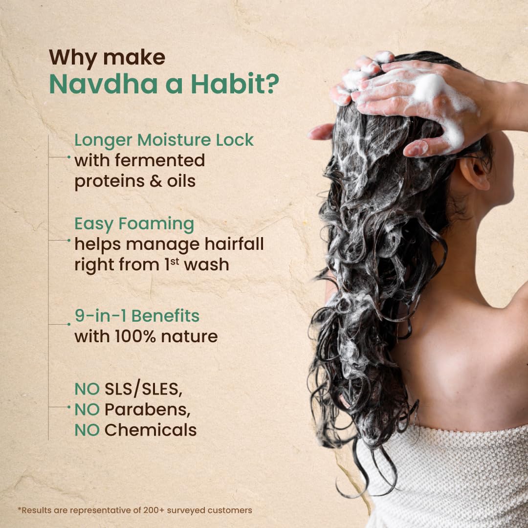 Person washing hair withNavdha product, featuring text about product benefits on a beige background