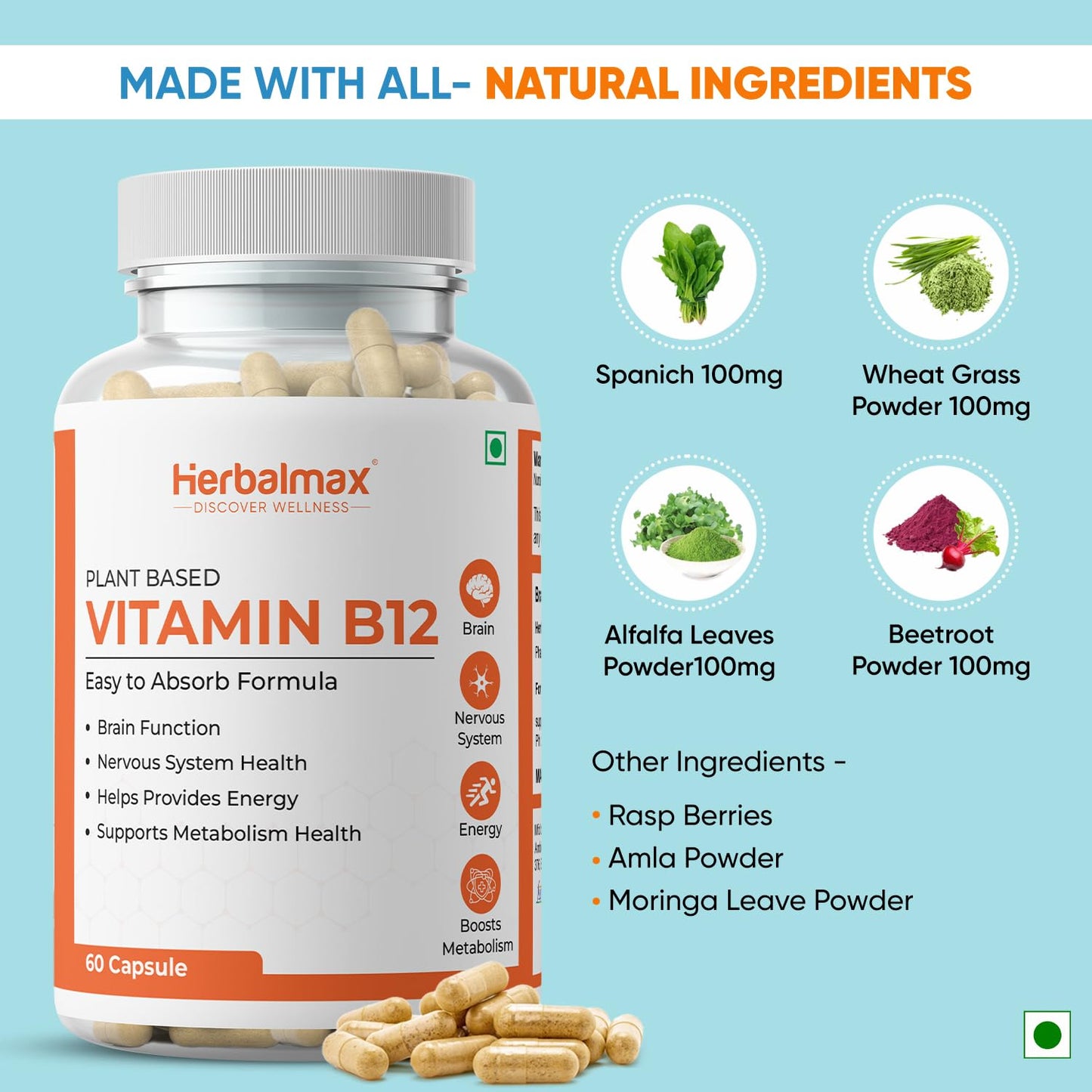 Herbalmax Plant-Based Vitamin B-12 2.2mcg – 60 Veg Capsules | Boost Energy & Metabolism, Supports Healthy Nervous System, Brain Function, Mental Clarity & Focus for Men & Women