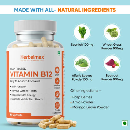 Herbalmax Plant-Based Vitamin B-12 2.2mcg – 60 Veg Capsules | Boost Energy & Metabolism, Supports Healthy Nervous System, Brain Function, Mental Clarity & Focus for Men & Women
