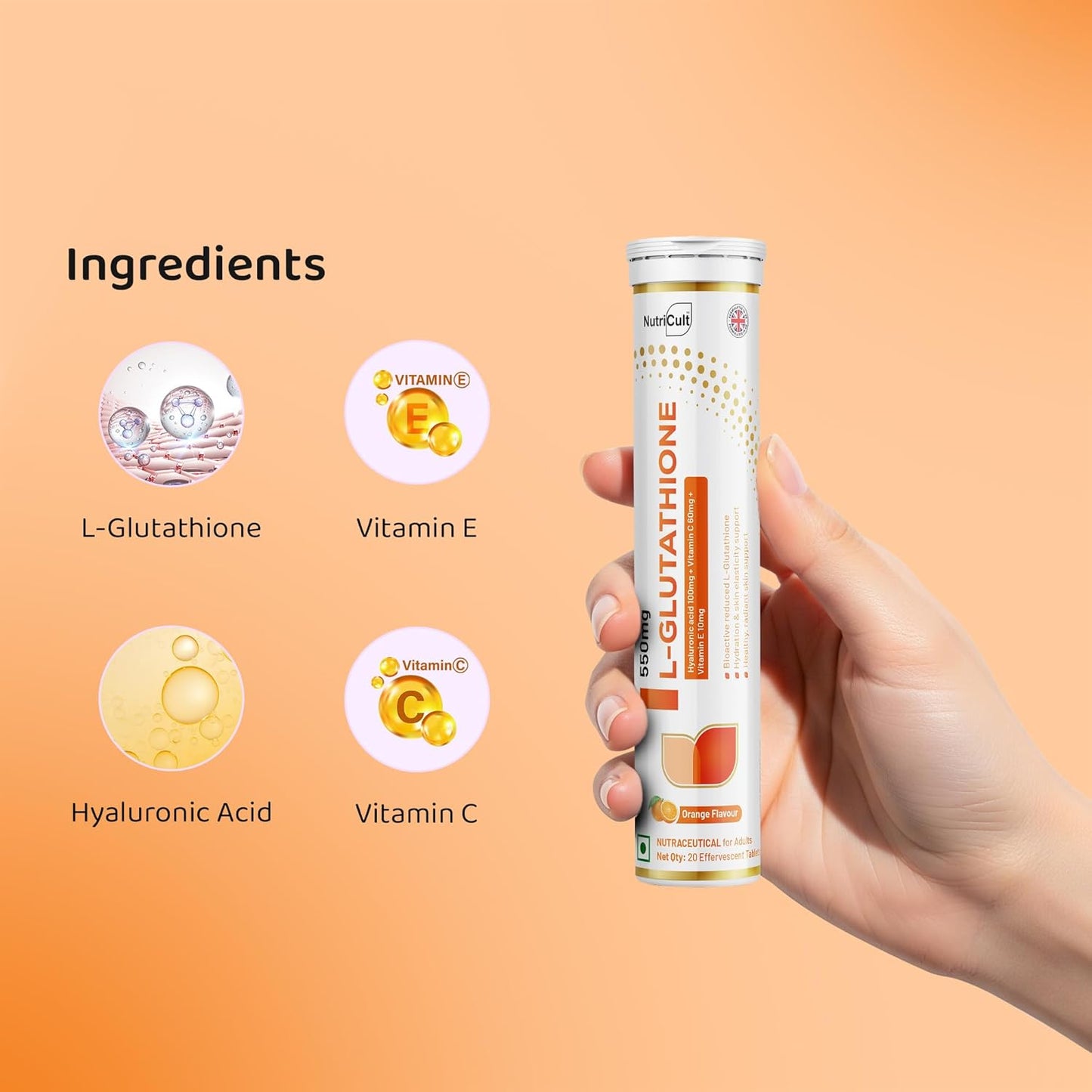 Nutricult L-Glutathione 550mg - 20 Effervescent Tablets Glutathione Effervescent Tablets for Glowing Skin with Hyaluronic Acid Vitamin C & Vitamin E | Skin Glow Supplement For Clear Skin | Orange