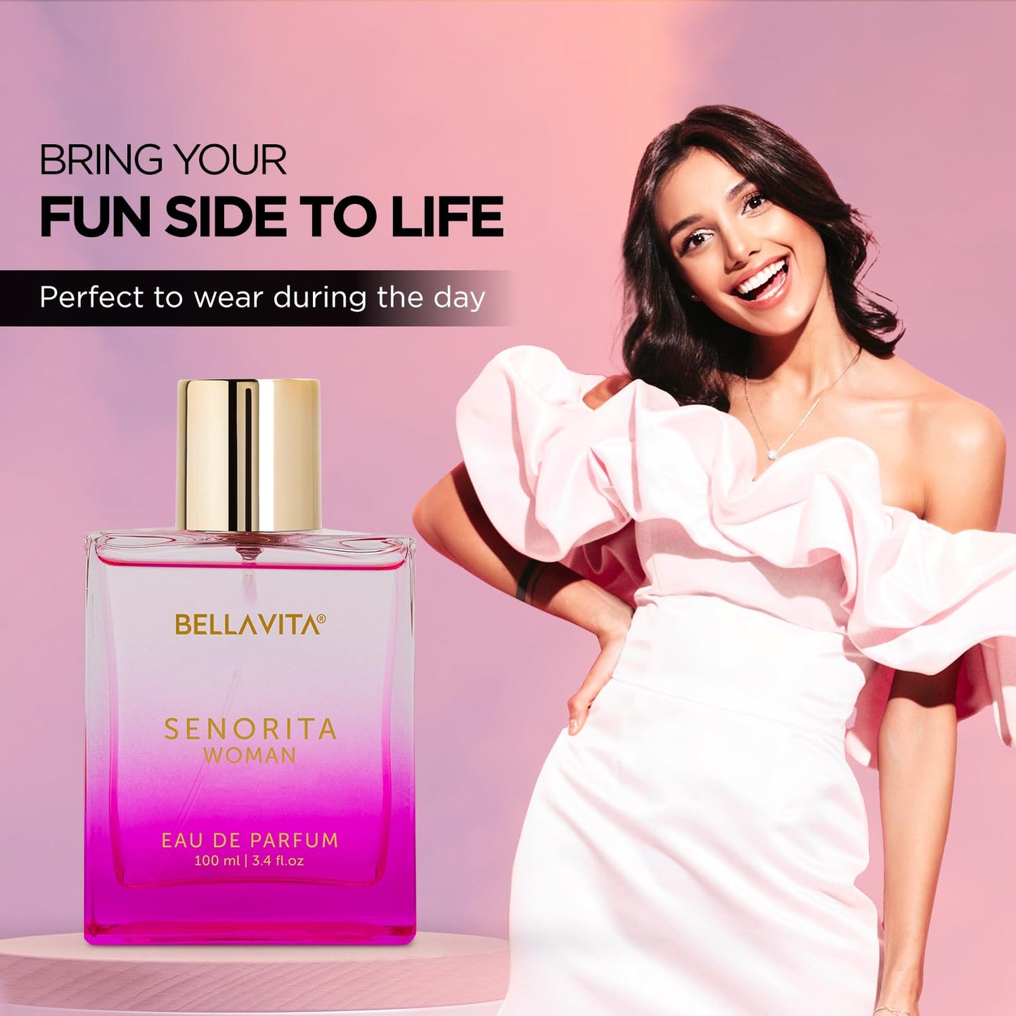 Bellavita Senorita Woman perfume bottle with a woman in a white dress on a pink background
