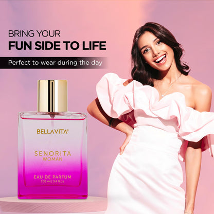 Bellavita Senorita Woman perfume bottle with a woman in a white dress on a pink background