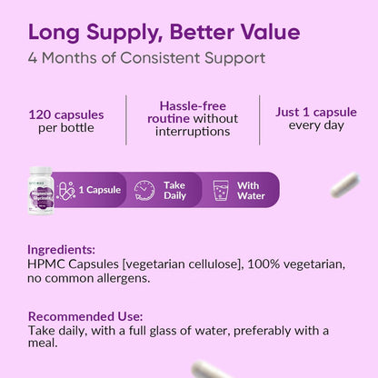 Vitamins supplement packaging with text on a purple background