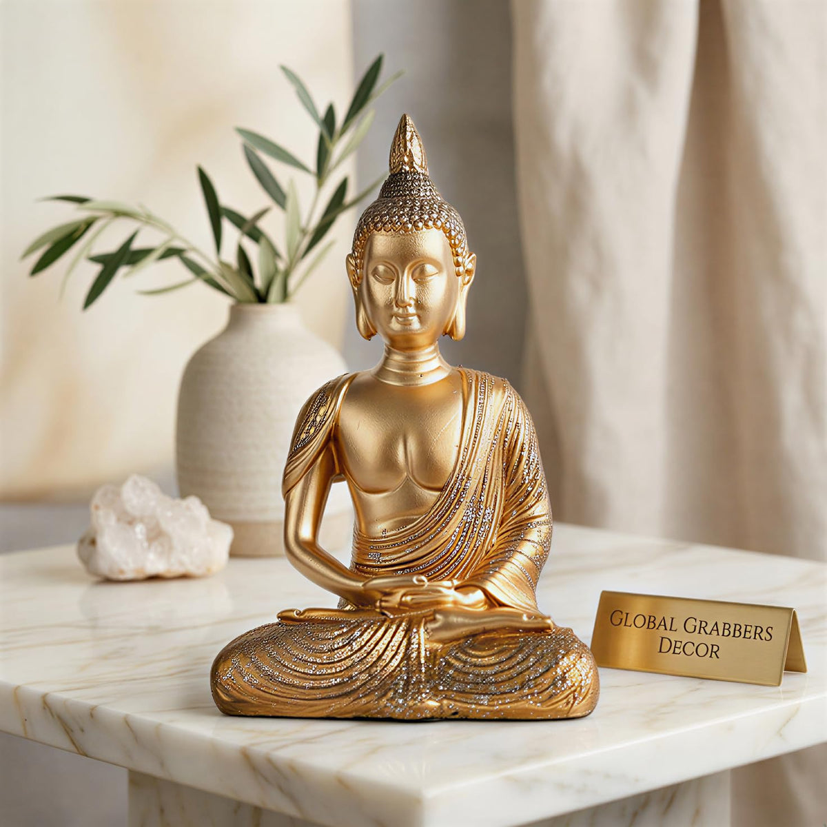 New Sitting Meditating Buddha Statue showpiece Idol Home Decor Items for Living Room and Gifts (Golden 1)