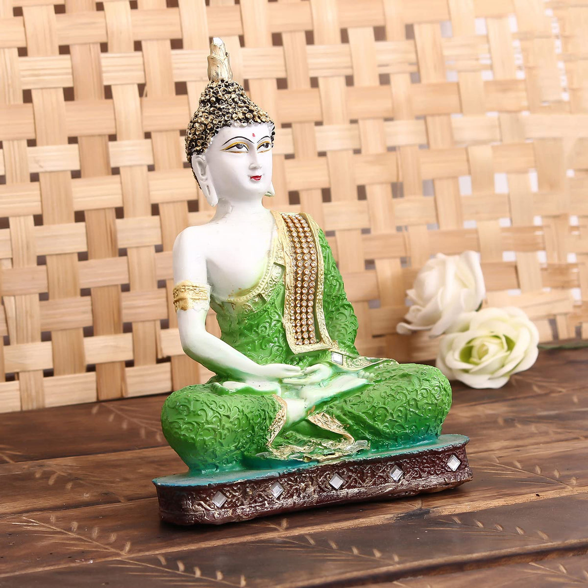 Buddha Idol (15 cm x 3 cm x 24 cm, Green)
