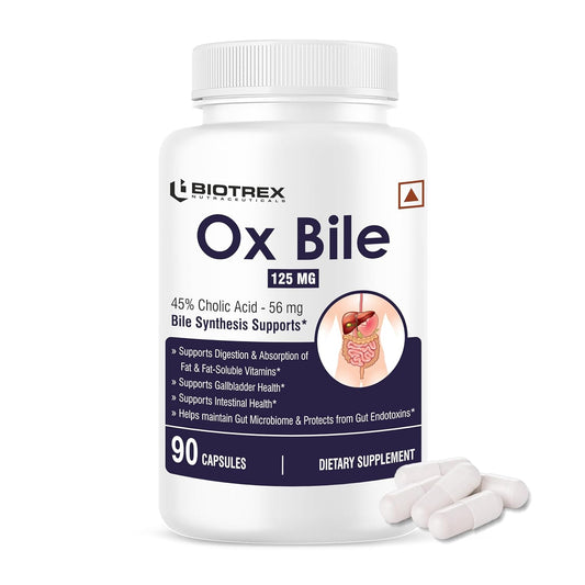 Biotrex Nutraceuticals OX BILE EXTRACT 125mg, 45% CHOLIC ACID, Supports Gallbladder Health & Supports Healthy Digestion, Bile Synthesis Support, (Gluten Free & Non-GMO) - 90 Capsules