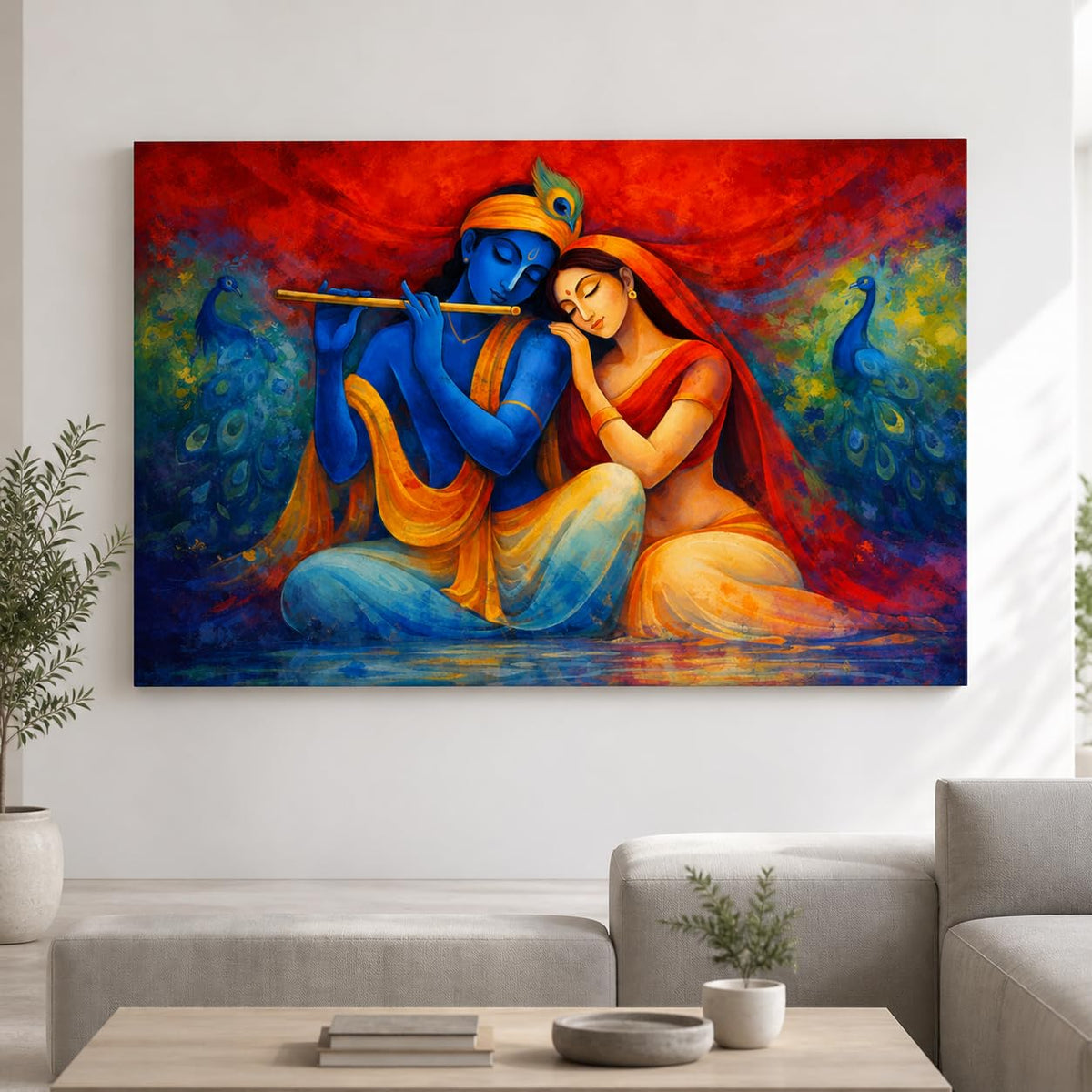 Canvas Radha Krishna Wall Painting For Living Room Big Size | Spritual Wall Art Romantic Radha Krishna Painting For Wall Decoration Large size in Indian Traditional Art | Vastu Home Decor (26 X 18 INCH, Framed - SMALL)