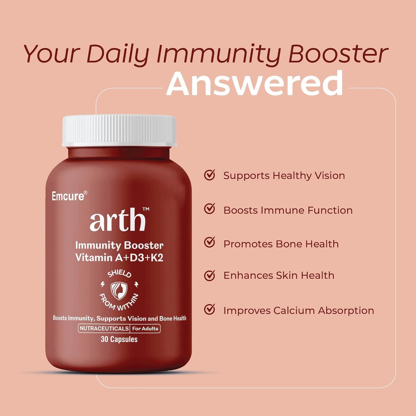 Arth Multivitamin Supplement | With Vitamins A, D3 & K2 | Daily Immunity & Bone Support | Enhances Energy, Skin & Eye Health | Complete Nutrient Balance for Overall Wellness | For Men & Women | 30 Veg Capsules