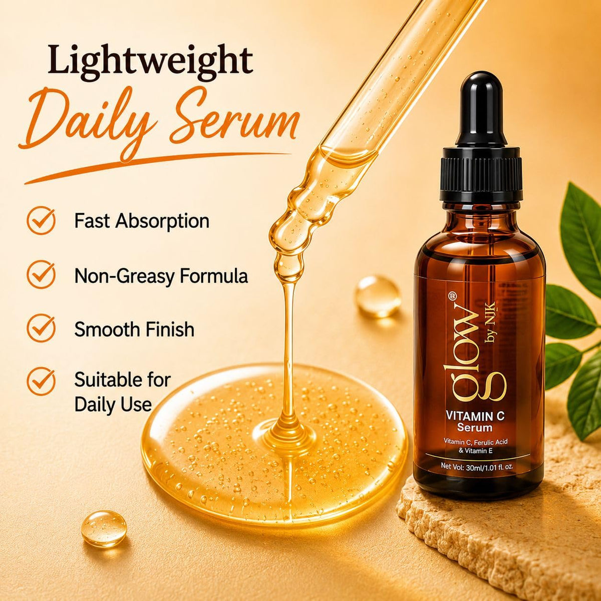 Glow by NJK Vitamin C Face Serum with Vitamin E for Glowing Skin 30ml, Vitamin E Care, Dark Spot Care, Uneven Tone Support, Radiant-Looking Skin, Lightweight Texture, Daily Skincare Routine
