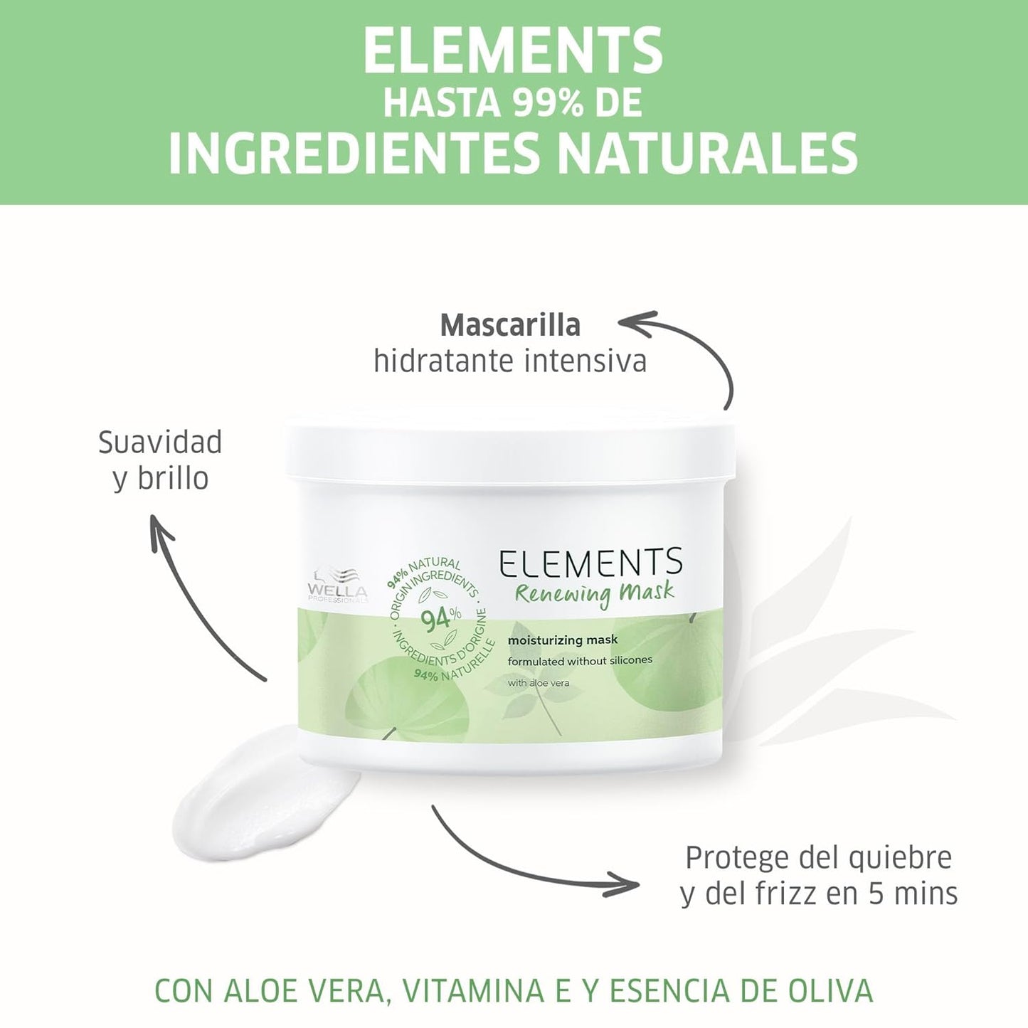 Wella Elements moisturizing mask with text in Spanish about natural ingredients and benefits.