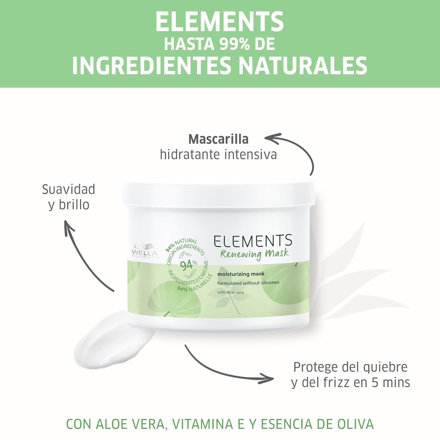 Wella Elements moisturizing mask with text in Spanish about natural ingredients and benefits.