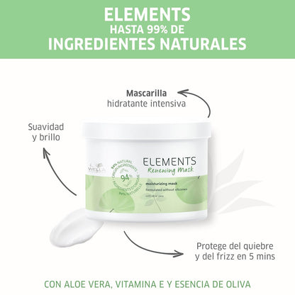 Wella Elements moisturizing mask with text in Spanish about natural ingredients and benefits.