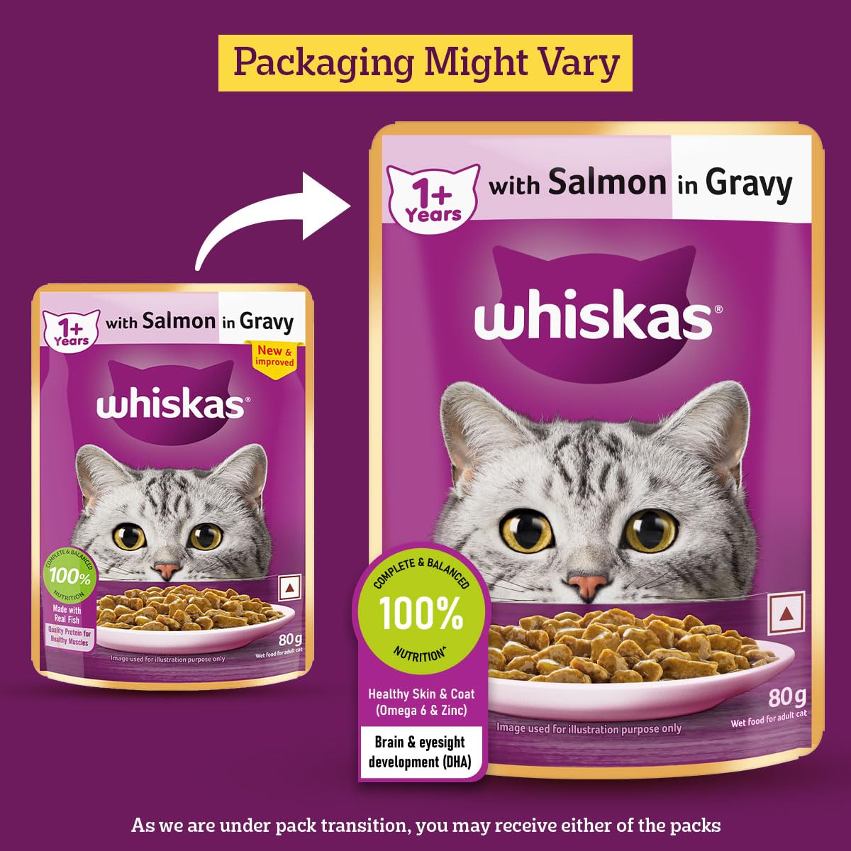 Whiskas Adult (1+ Years) Wet Cat Food, Salmon in Gravy, 80 g Hydrating Food Made With Real Fish, 100% Complete & Balanced Nutrition for Adult Cats