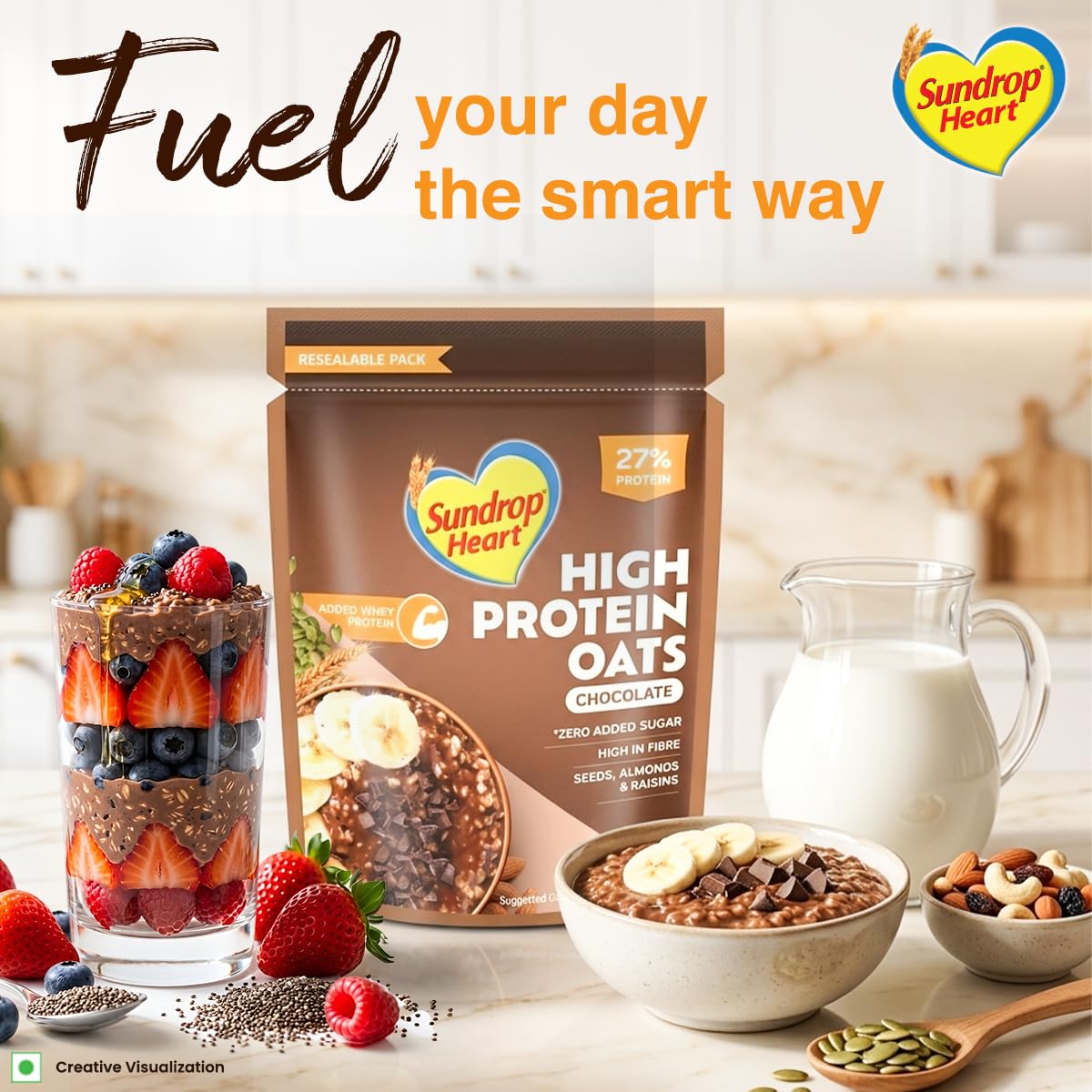 Sundrop Heart High Protein Oats| 27g Protein| Zero Added Sugar| Whey Protein Added| 12.6g Fibre| 500g| Chocolate| Added Seeds, Almonds & Raisins