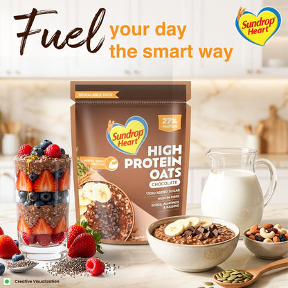 Sundrop Heart High Protein Oats| 27g Protein| Zero Added Sugar| Whey Protein Added| 12.6g Fibre| 500g| Chocolate| Added Seeds, Almonds & Raisins