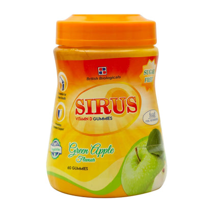 Jar of Sirius Vitamin D Gummies with green apple flavor on a white background