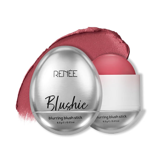 Blushing blush stick with silver casing and pink blush on a white background