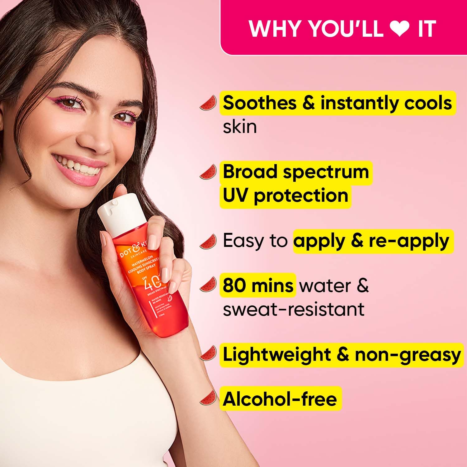 Zephivo DOT & KEY Watermelon Cooling Sunscreen Body Spray Spf 40 Pa+++ For All Skin Types - 110Ml|Sun Protection Lotion|Broad Spectrum Uv Protection|Alcohol Free|Non Greasy & Non Sticky|For Women & Men
