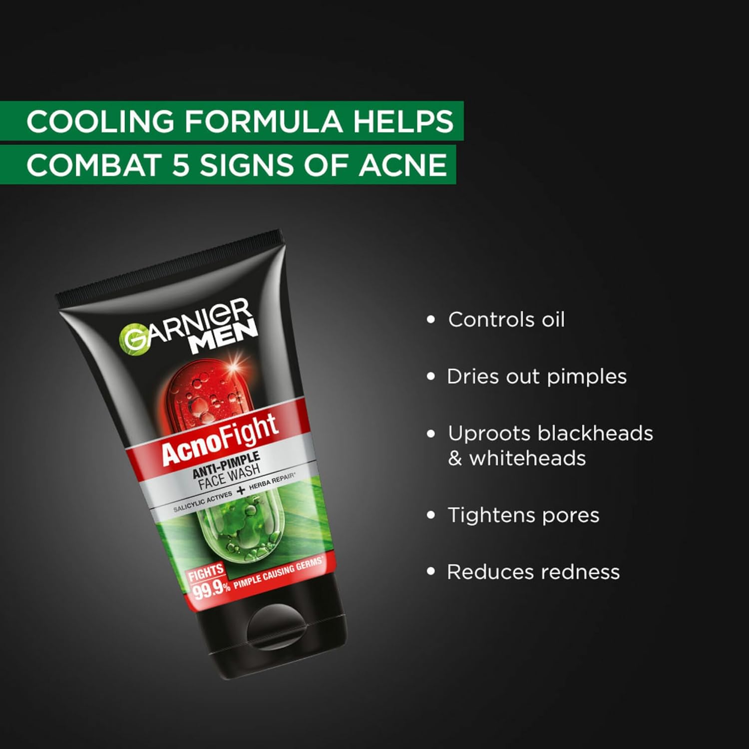 Garnier Men Acno Fight face wash tube with text on a dark background
