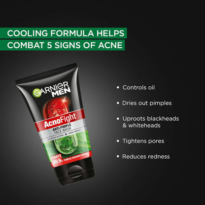 Garnier Men Acno Fight face wash tube with text on a dark background