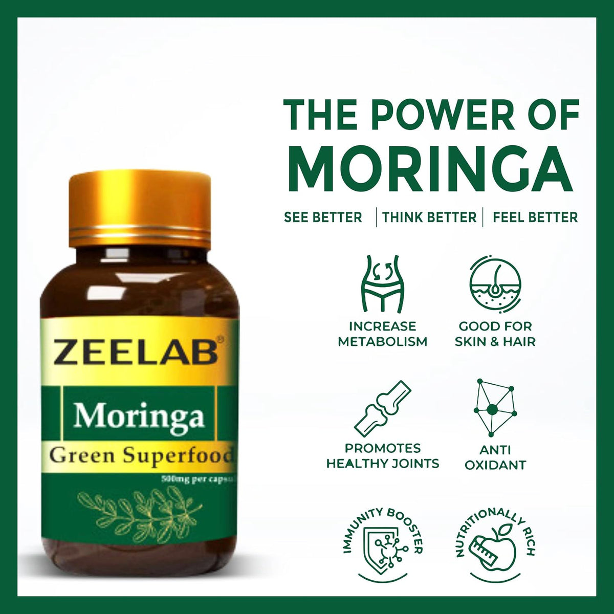 Zeelab Moringa supplement bottle with health benefits on a green background