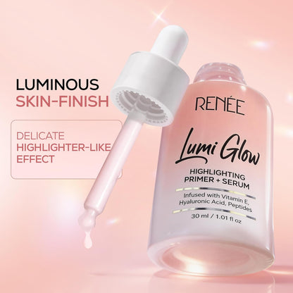 RENEE Lumi Glow Highlighting Primer + Serum | Hydrates, Promotes Even Skin Texture | Gives Luminous, 3D Glow | With Hyaluronic Acid, Peptides & Vitamin E | Base For Face Makeup | 30ml