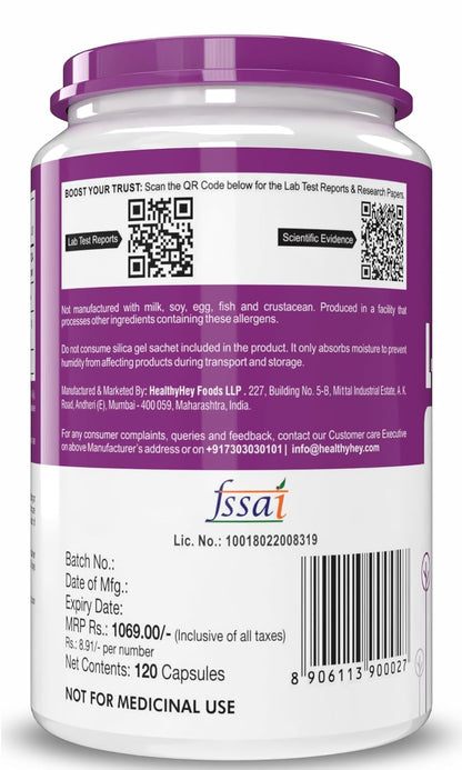 Back view of a supplement container with purple label and text
