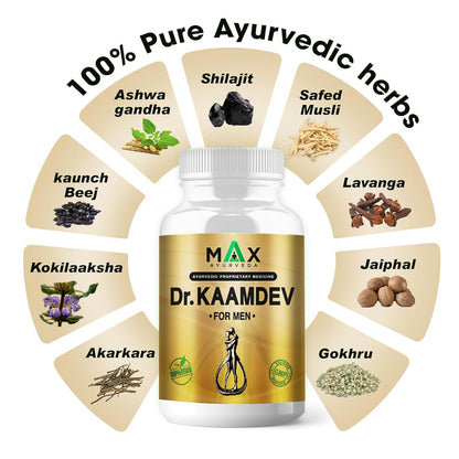 Max Ayurveda Dr. Kaamdev Capsules for Men (30 Capsules) - 100% Vegan and GMP Certified | Stamina, Power and Energy Booster