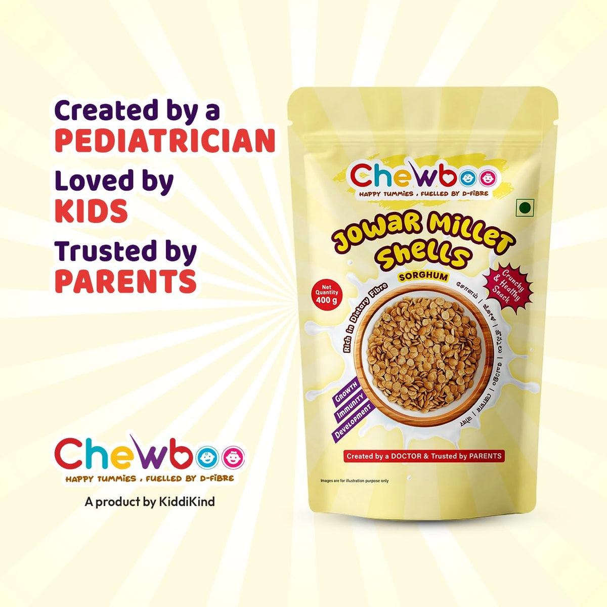 Chewboo Jowar Millet Shells for Kids | Light & Gut-Friendly Fibre Cereal | 72% Jowar & Jaggery | No Refined Sugar | Crunchy Healthy Snack | 400g