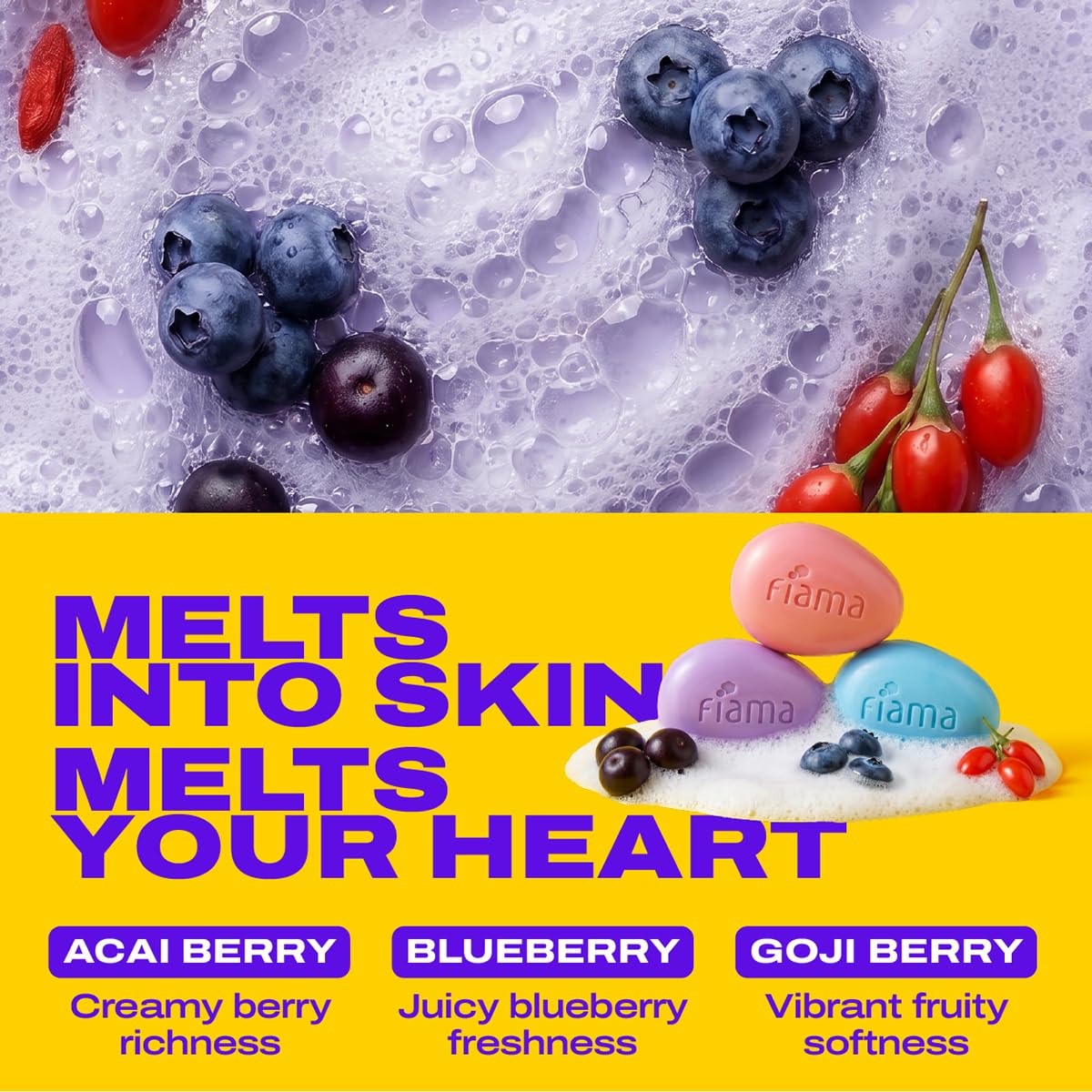Fiama Skin Barrier Strengthening Moisturizing Soap Bar 125gx5, Japanese Hokkaido Milk Celebration Pack of 5, Non-Sticky Soft Skin | 1/3rd Moisturizers | Blueberry, Goji Berry & Acai Berry Combo pack