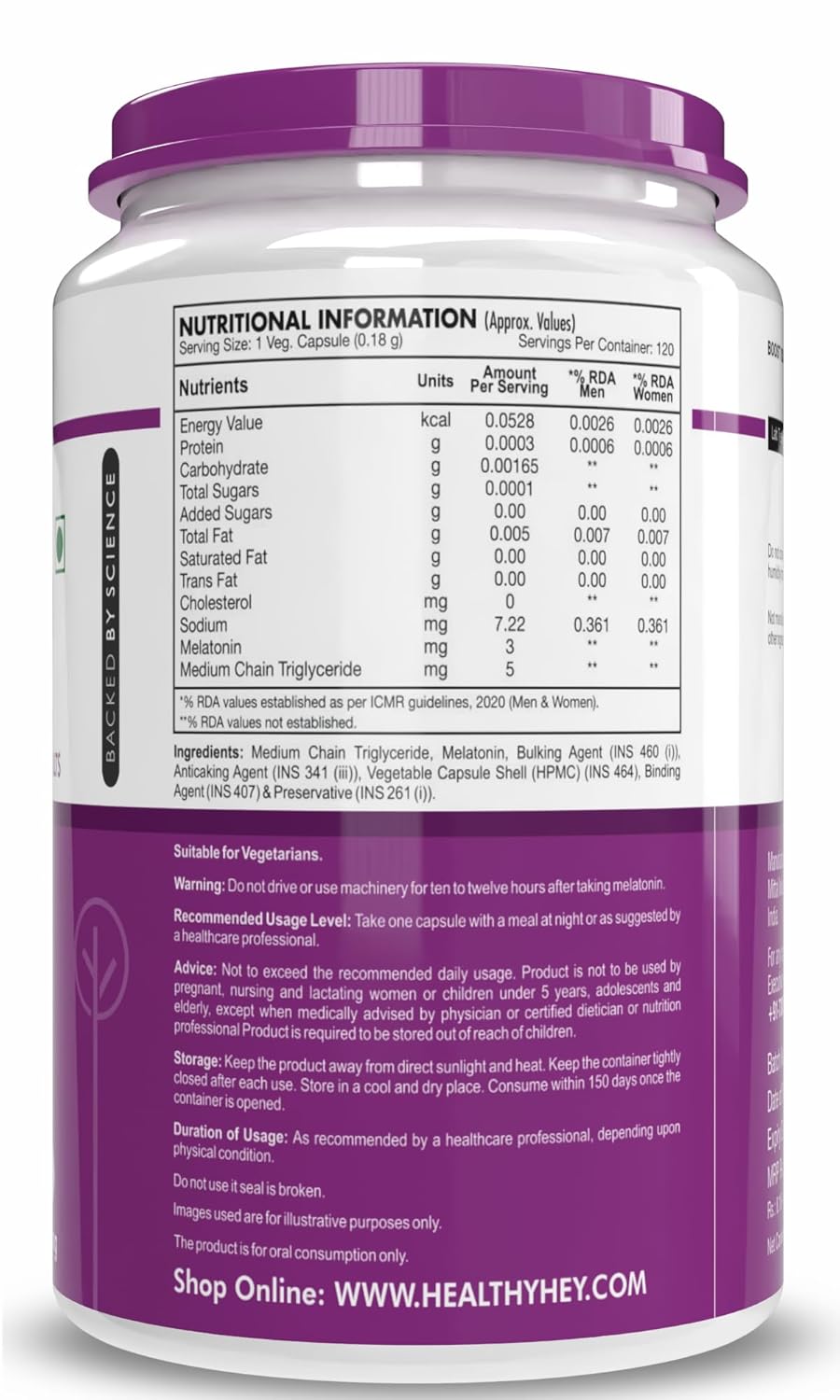 HealthyHey Nutrition Melatonin 3mg, Pack of 120 vegetable capsules - Promotes Sleep and Relaxation