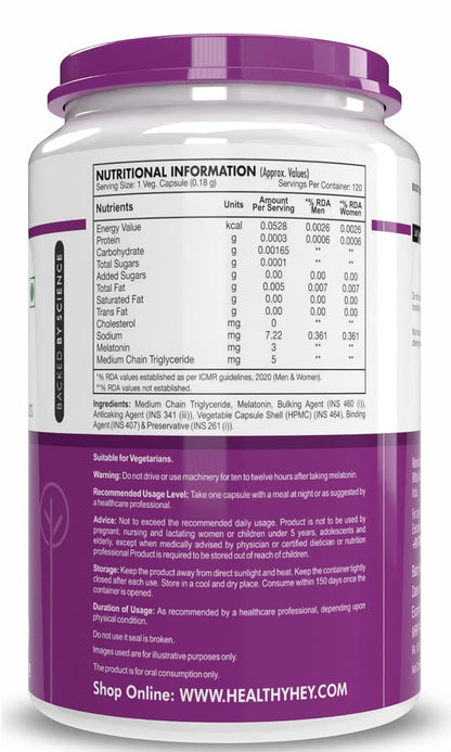 HealthyHey Nutrition Melatonin 3mg, Pack of 120 vegetable capsules - Promotes Sleep and Relaxation