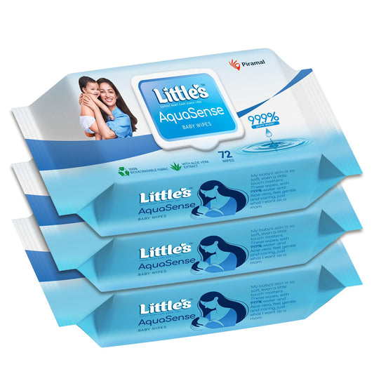 Little's 99.9% Pure Water AquaSense Baby Wipes | Unscented | with Aloe Vera | Pack of 3 X 72 Wipes | Plant-based | 100% Biodegradable | No Paraben