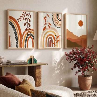 Home Decor Boho Painting Decorative Wall Art poster With Frame For Living Room Bed Room Hotel Wall Decor Digital Reprint Set of 3 (13X17 inch)