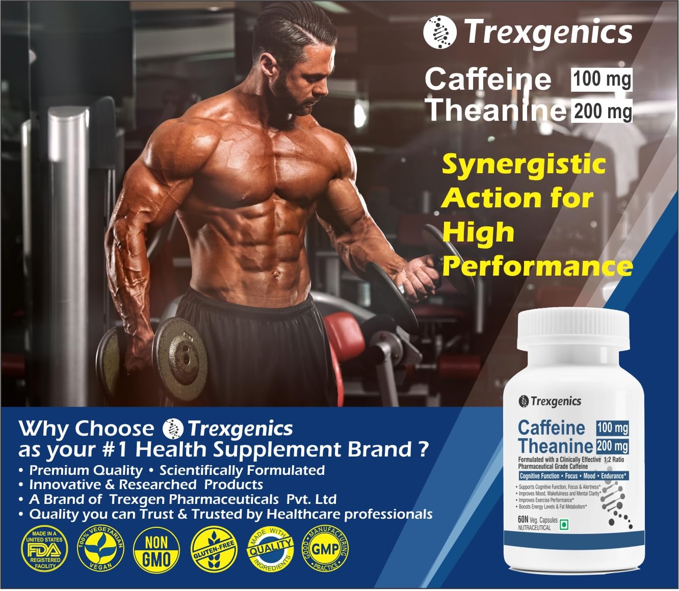 Trexgenics L-THEANINE 200 mg, CAFFEINE 100 mg Cognitive Function, Refresh, Focus, Mood, Endurance Support (Theanine 200mg + Caffeine 100mg (60 Veg Caps))