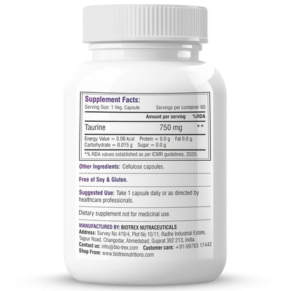 Biotrex Nutraceuticals Taurine 750mg | Antioxidant | Cardiovascular Health & Helps Enhanching Muscle Function | Eye Health | Amino Acid Supplement For Athletic Performance | Men & Women - 60 Veg Capsule