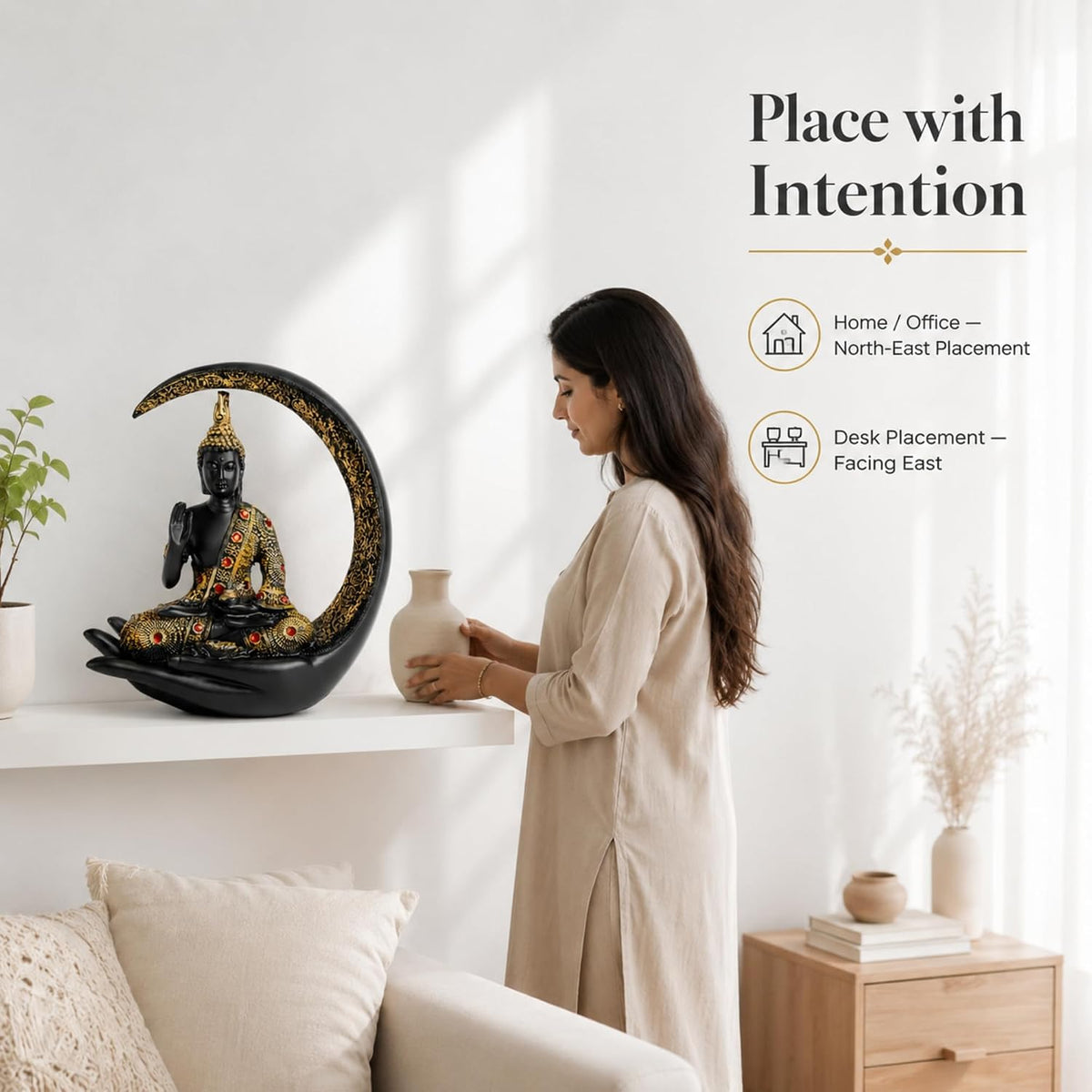 10 Inch 3D Meditating Buddha Statue with Crescent Moon | Black Resin Buddha Idol for Home Decor, Living Room, Office Desk & Gift | Lucky Spiritual Decorative Showpiece