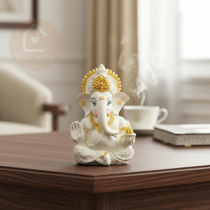 Yaa Catchy White & Gold Ganesha Idol Car Dashboard Idol Ganesha Murti Ganpati Idol for Home Decor Pooja Lord Ganesh Statue Gift for Office Desk Pooja Room (Ganesha Resin White & Gold)