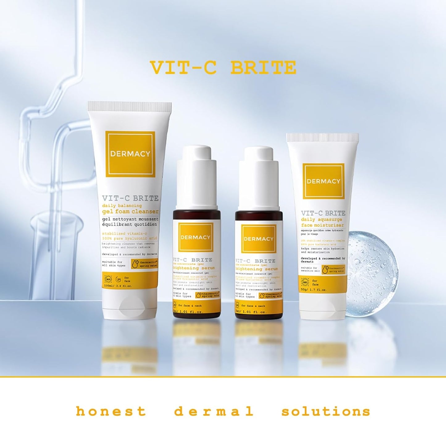 Dermacy Vit - C Brite Daily Balancing Gel Foam Cleanser | Brightening Cleanser That Removes Impurities and Boosts Radiance | 20% Stabilized Vitamin - C Complex + 100% Pure Hyaluronic Acid + ThermoActiv Spring Water | Suitable for All Skin Types | 100 ml