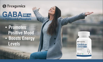 Woman with arms outstretched next to Trexgenics GABA supplement bottle by a waterfront.