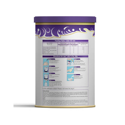 Container with a purple lid and detailed label on a white background