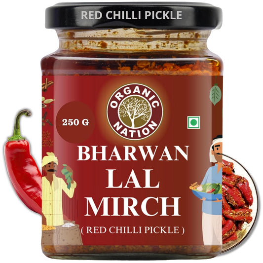 ORGANIC NATION Deliciously Tangy Stuffed Red Chilli Pickle | Authentic Bharwa Mirchi Ka Achar | Traditional Lal Mirch Ka Achar | Spicy Mirchi | No Preservatives | 250g Jar | Vibrant Red Color