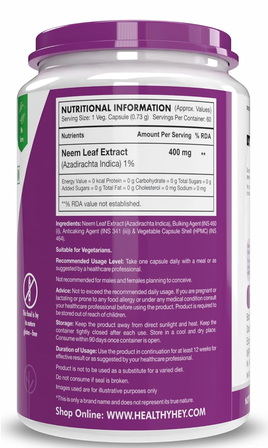 Supplement container with purple label and nutritional information on a white background