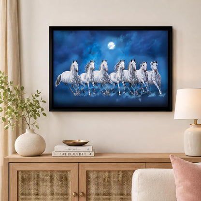 Seven Lucky Running Vastu Horses Art Framed Painting (Ocean Blue, 12 Inch x 18 Inch)