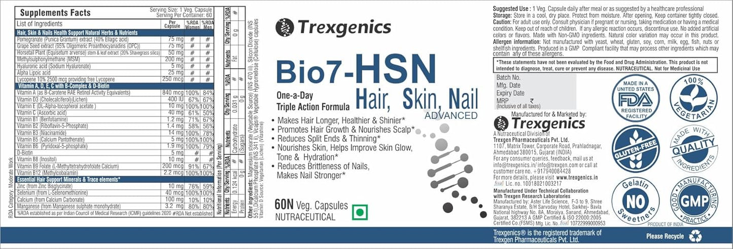 Trexgenics BIO7-HSN HAIR, SKIN & NAILS ONE-A-DAY Advanced Formula, Vegetarian & Gluten Free(60 Veg. Capsules) (Pack of 1)