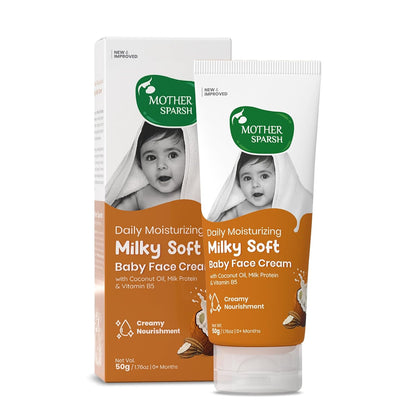 Mother Sparsh Milky Soft Baby Face Cream | Daily Moisturizing Face Cream for Babies With Coconut Oil, Milk Protein & Vitamin B5 | Non Sticky Baby Cream Prevents Dryness- (50g)